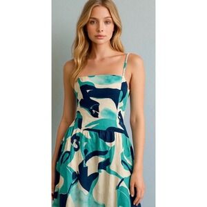 Christian Lacroix sleeveless linen blend A-line midi dress blue green M NWT